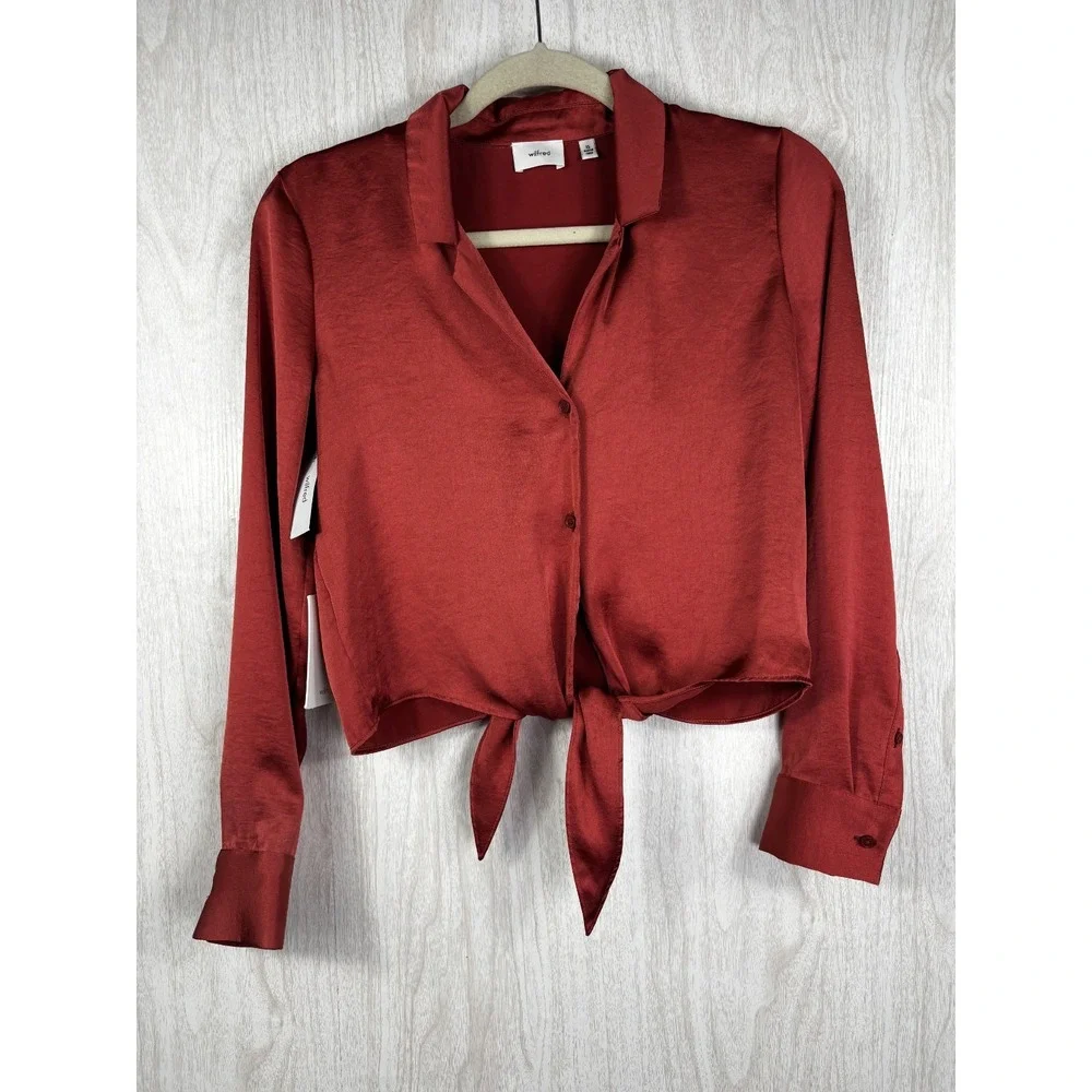 Wilfred Aritzia XS Rust Satin Tie Front Blouse Long Sleeve NWT Chic - Picture 2 of 9